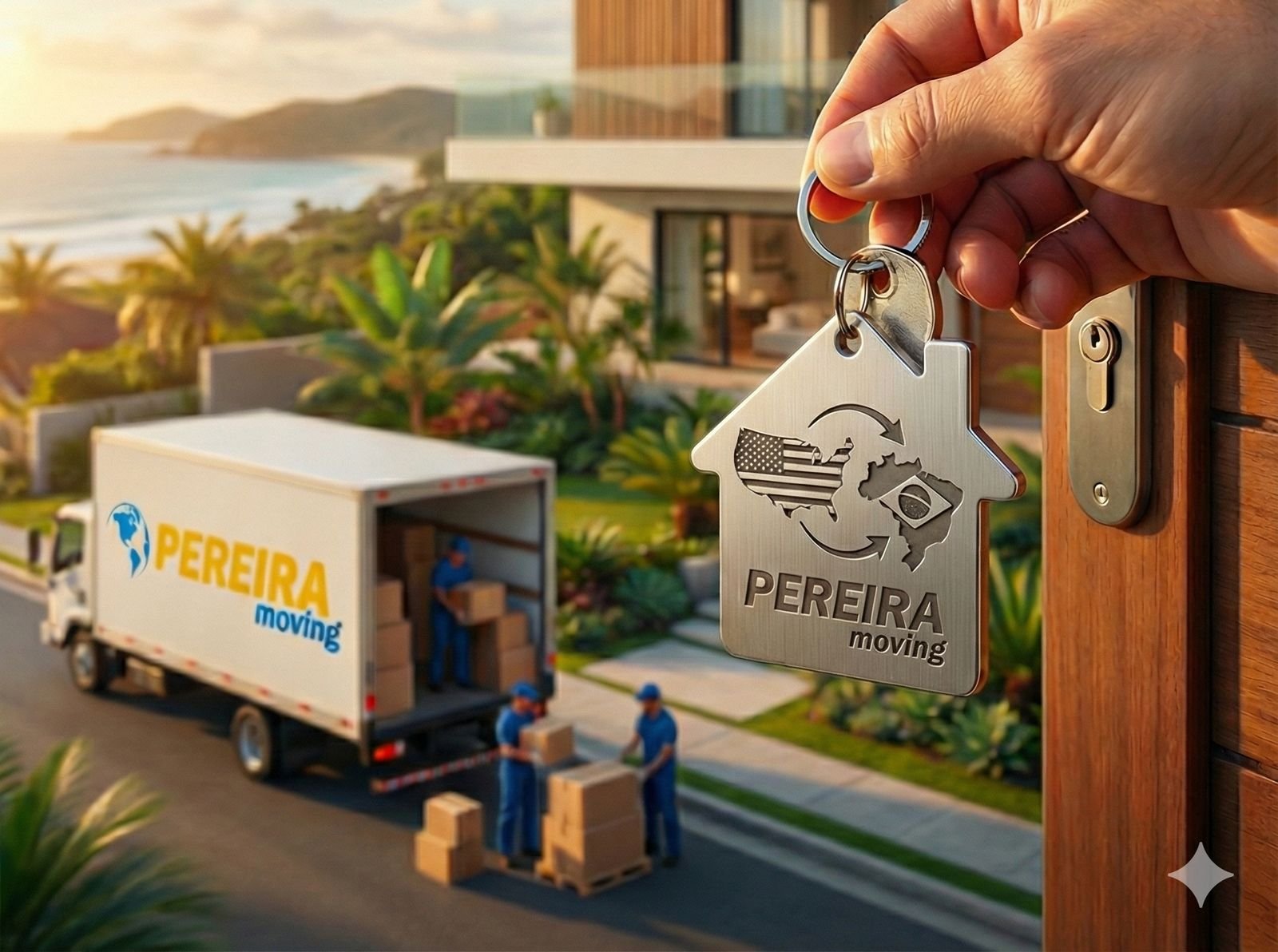 Caminhão da Pereira Moving sendo descarregado na entrega de uma mudança no Brasil