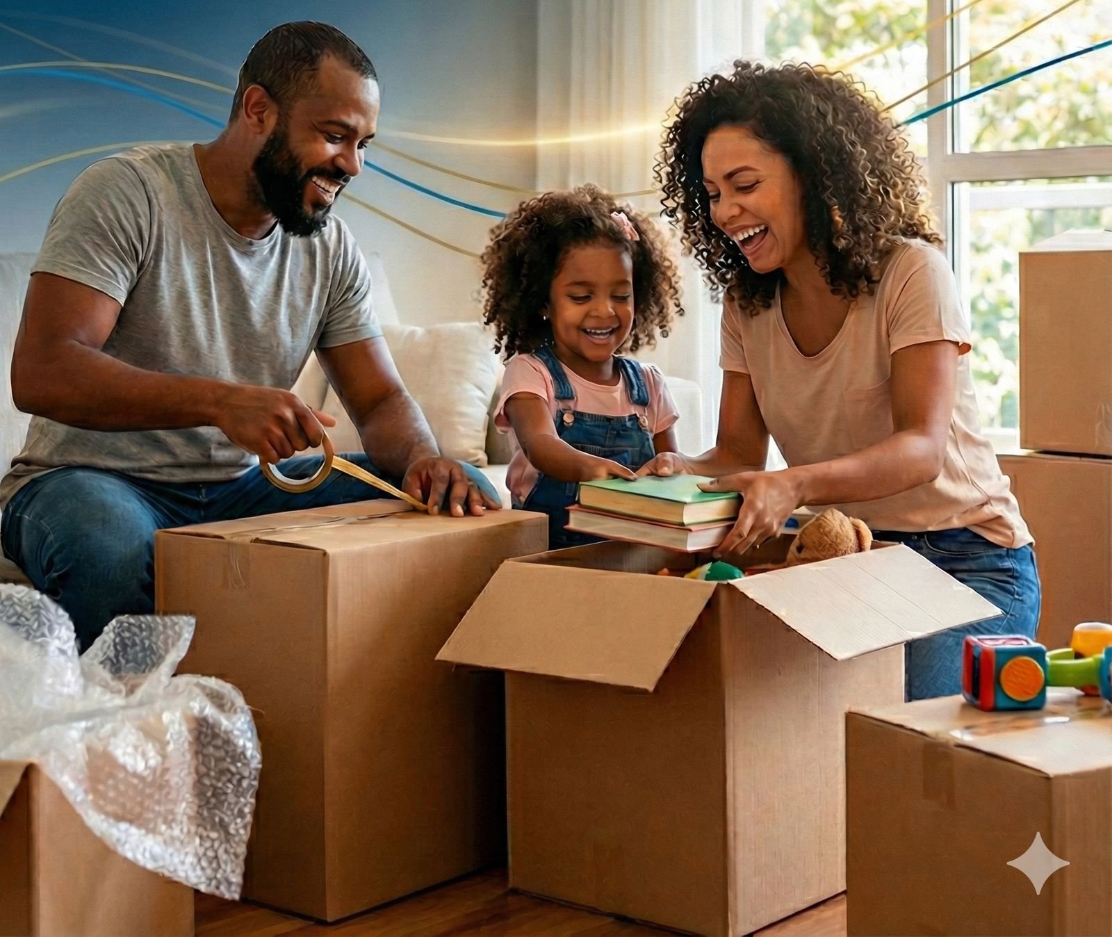 Família embalando caixas de mudança na sala de casa